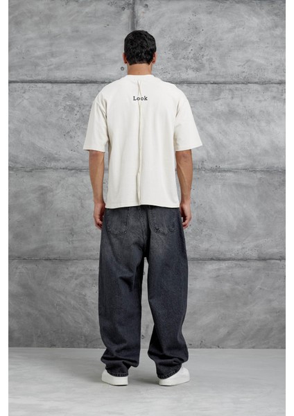 Krem Look Yazılı Parçalı Oversize Tshirt modelleri