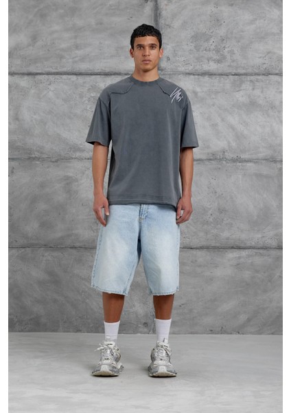Füme Parçalı Yıkamalı Oversize Tshirt
