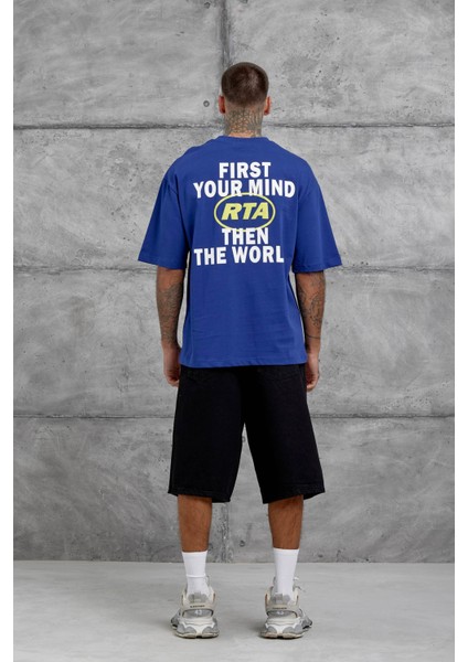 Lacivert First Your Mind Yazılı Oversize Tshirt