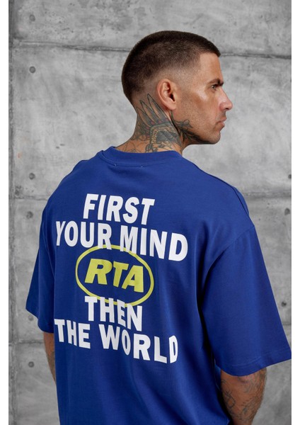 Lacivert First Your Mind Yazılı Oversize Tshirt modelleri