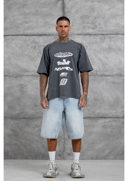 Füme Lesschen Baskılı Yıkamalı Oversize Tshirt