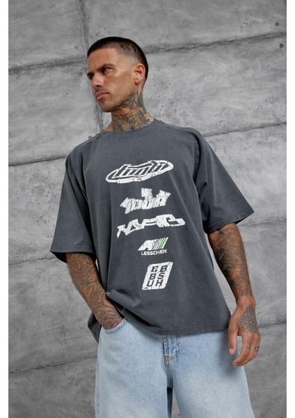 Füme Lesschen Baskılı Yıkamalı Oversize Tshirt fırsatları