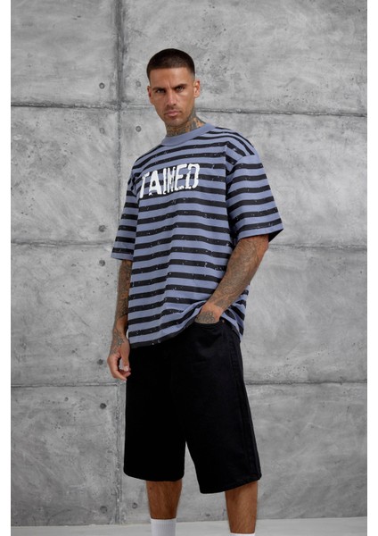 Gri Tained Baskılı Oversize Tshirt