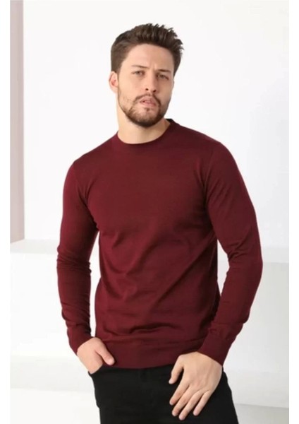 Unisex Uzun Kol Biskilet Yaka Dokuma Triko - Bordo