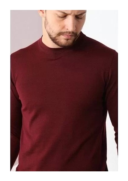 Unisex Uzun Kol Biskilet Yaka Dokuma Triko - Bordo