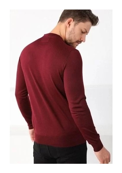 Unisex Uzun Kol Biskilet Yaka Dokuma Triko - Bordo