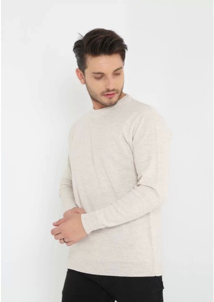 Unisex Uzun Kol Biskilet Yaka Dokuma Triko - Bej