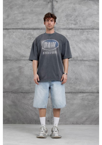 Füme Raw Yazılı Yıkamalı Oversize Tshirt