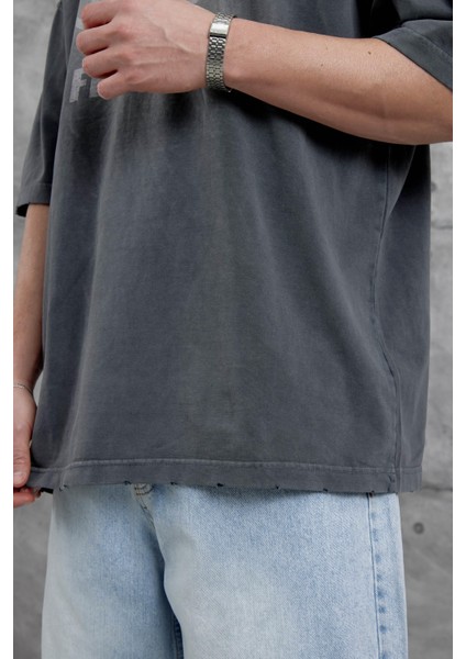 Füme Raw Yazılı Yıkamalı Oversize Tshirt fırsatları