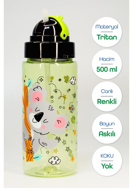 Çocuk Su Matarası Tritan Pipetli Su Şişesi Boyun Askılı Ayıcık Okul Suluğu Bpasız 500 ml Yeşil T0107 fiyatları