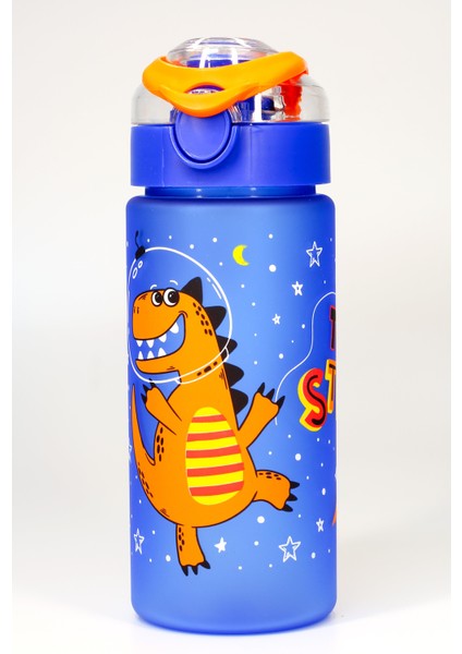 Çocuk Su Matarası Tritan Pipetli Su Şişesi Geniş Ağız Dinozor Okul Suluğu Bpasız 500ML Mavi T0108