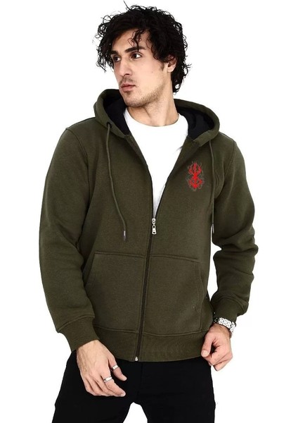 Baskılı Tam Fermuarlı Kapşonlu Sweatshirt - Haki