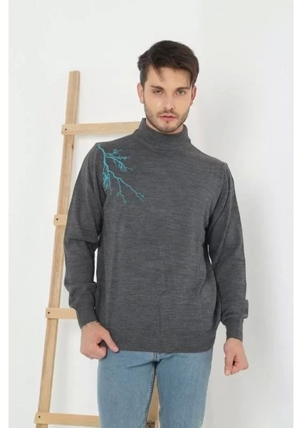 Unisex Yarım Boğazlı Baskılı Dokuma Triko - Füme
