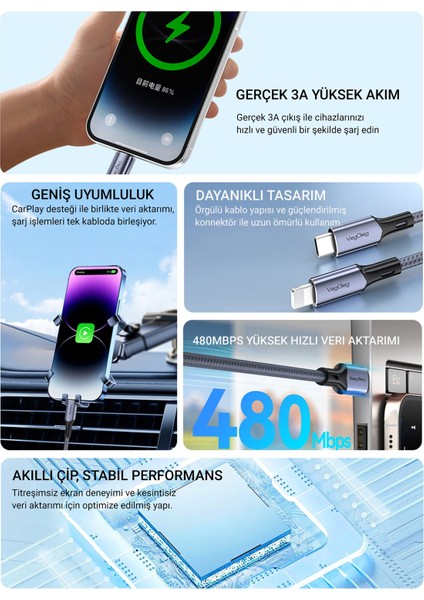 27W 3A USB Type-C To Lightning iPhone iPad Hızlı Şarj ve Data Kablosu 2 Metre