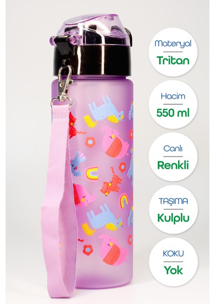 Çocuk Su Matarası Tritan Pipetli Su Şişesi Unicorn Okul Suluğu Pipetli Bpa'sız 550 ml Mor T0101