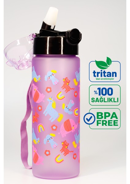 Çocuk Su Matarası Tritan Pipetli Su Şişesi Unicorn Okul Suluğu Pipetli Bpa'sız 550 ml Mor T0101