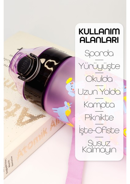 Çocuk Su Matarası Tritan Pipetli Su Şişesi Unicorn Okul Suluğu Pipetli Bpa'sız 550 ml Mor T0101
