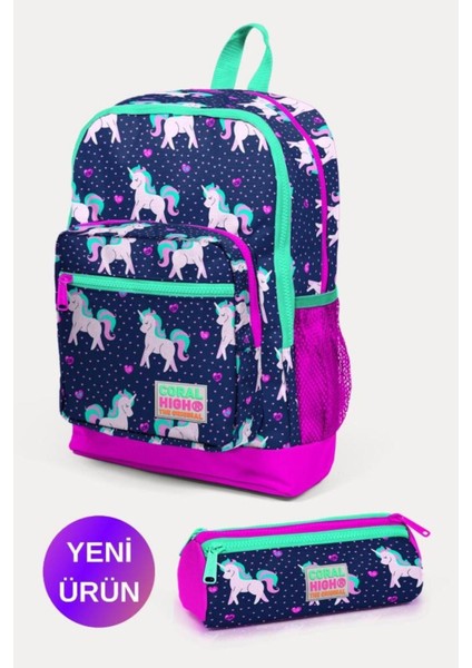 Kids Lacivert Pembe Unicorn Desenli 2'Li Okul Çanta Seti Goset0223467