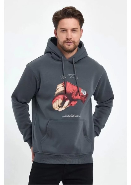 Kapüşonlu Üç Iplik Oversize Baskılı Sweatshirt - Gri