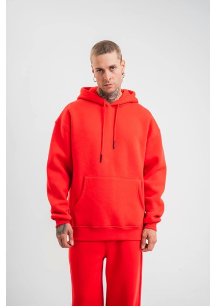 Unisex Double Oversize Kapşonlu Basic Sweatshirt - Kırmızı