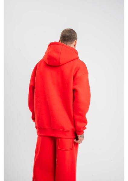 Unisex Double Oversize Kapşonlu Basic Sweatshirt - Kırmızı