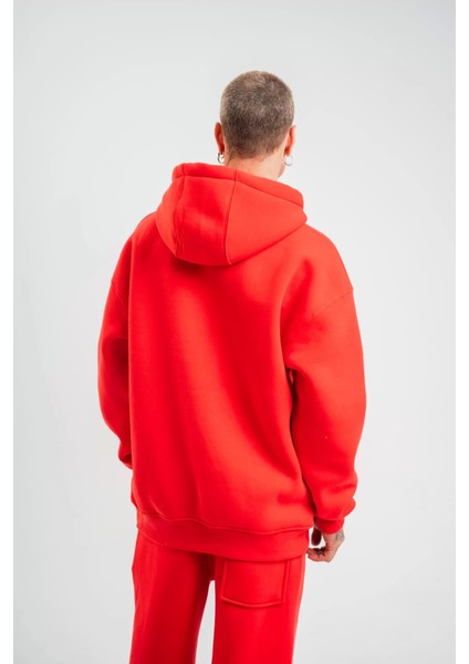 Unisex Double Oversize Kapşonlu Basic Sweatshirt - Kırmızı