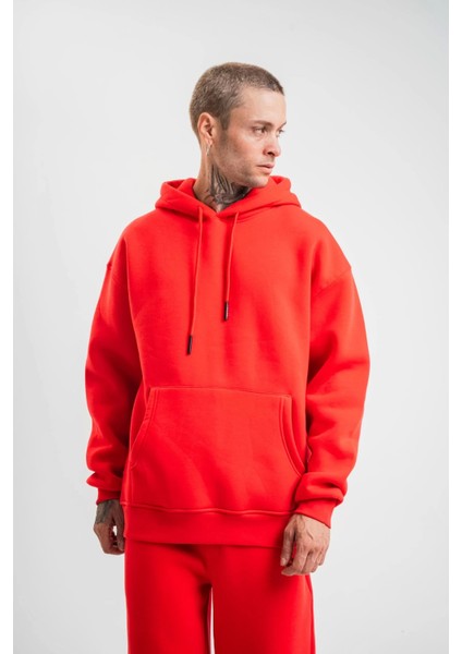 Unisex Double Oversize Kapşonlu Basic Sweatshirt - Kırmızı