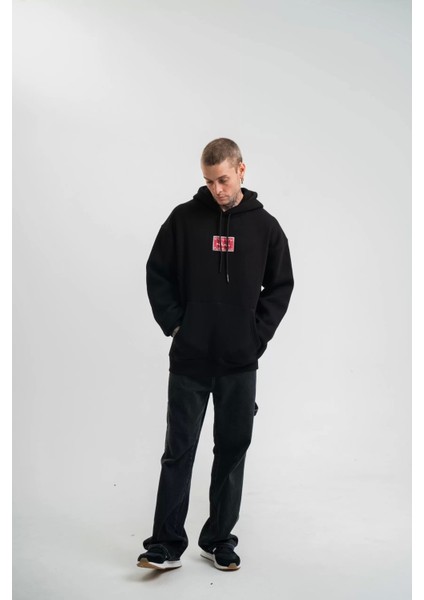 Double Oversize Kapşonlu Dijital Patchli Sweatshirt - Siyah
