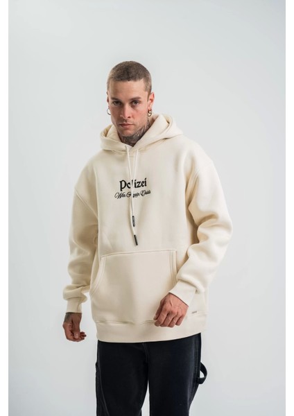 Üç Iplik Kapşonlu Dijital Patchli Sweatshirt - Krem