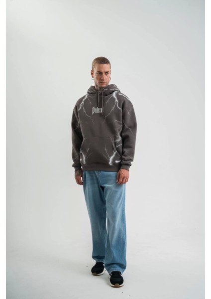 Double Oversize Kapşonlu Şimşek Pano Baskılı Sweatshirt - Füme