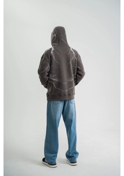 Double Oversize Kapşonlu Şimşek Pano Baskılı Sweatshirt - Füme