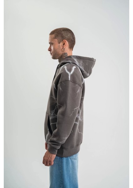 Double Oversize Kapşonlu Şimşek Pano Baskılı Sweatshirt - Füme