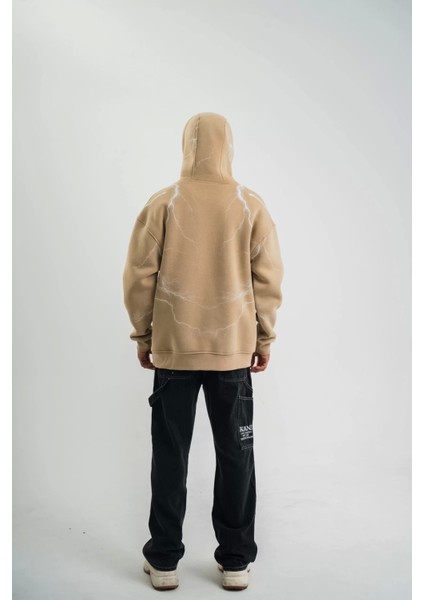 Double Oversize Kapşonlu Şimşek Pano Baskılı Sweatshirt - Bej