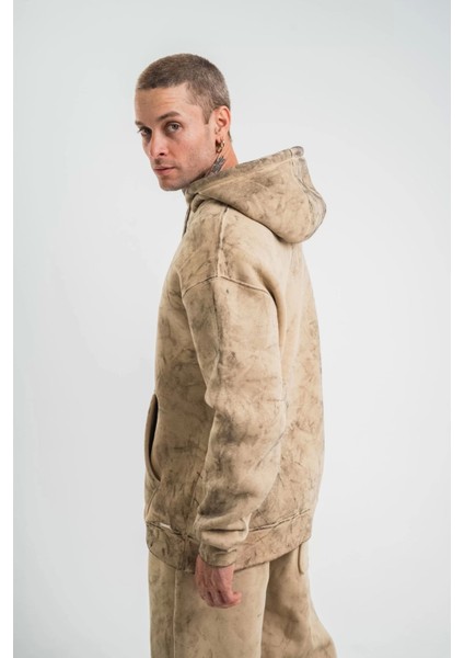 Double Oversize Kapşonlu Yıkamalı Sweatshirt - Bej