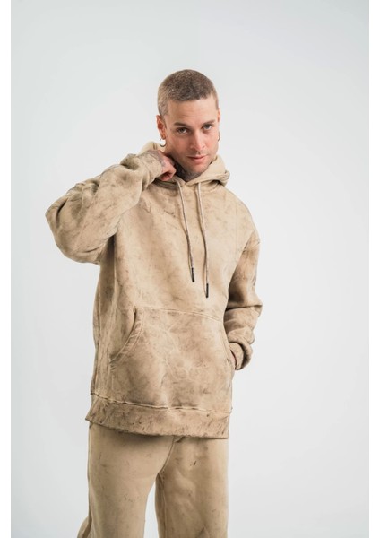 Double Oversize Kapşonlu Yıkamalı Sweatshirt - Bej