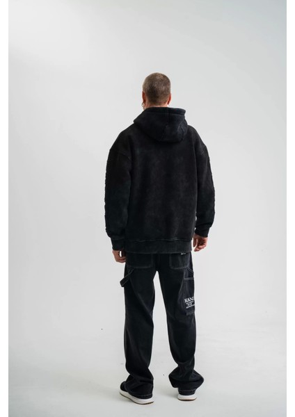 Kapşonlu Double Oversize Yıkamalı Evalı Nakışlı Sweatshirt - Siyah