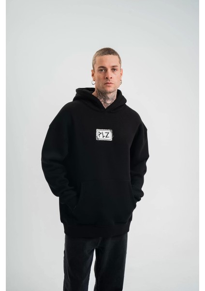 Unisex Kapşonlu Uzun Kol Patchli Nakışlı Sweatshirt - Siyah