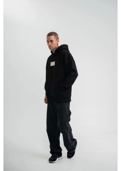 Unisex Kapşonlu Uzun Kol Patchli Nakışlı Sweatshirt - Siyah