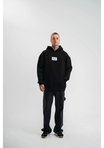 Unisex Kapşonlu Uzun Kol Patchli Nakışlı Sweatshirt - Siyah
