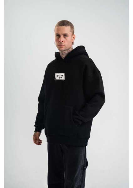 Unisex Kapşonlu Uzun Kol Patchli Nakışlı Sweatshirt - Siyah