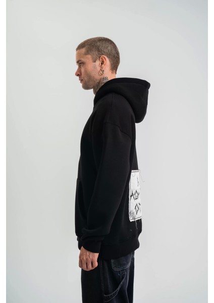 Unisex Kapşonlu Uzun Kol Patchli Nakışlı Sweatshirt - Siyah
