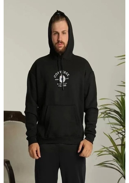 Unisex Kapüşonlu Üç Iplik Oversize Baskılı Sweatshirt - Siyah