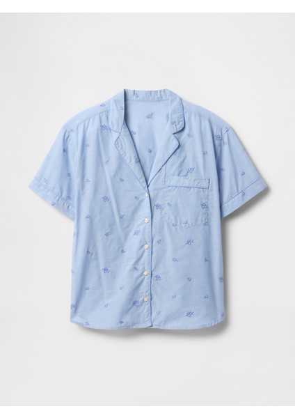 Kadın Mavi Işlemeli Pijama Üstü