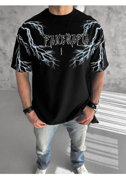 Bisiklet Yaka Baskılı Oversize T-Shirt - Siyah