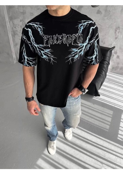 Bisiklet Yaka Baskılı Oversize T-Shirt - Siyah