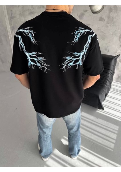 Bisiklet Yaka Baskılı Oversize T-Shirt - Siyah
