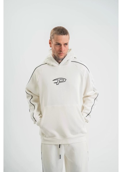 Uzun Kol Kapşonlu Ara Biyeli Sweatshirt - Beyaz