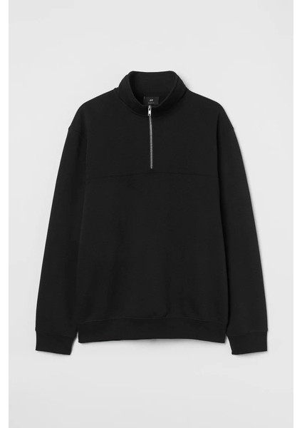 Oversize Yarım Farmuarlı Yakalı Basic Sweatshirt - Siyah