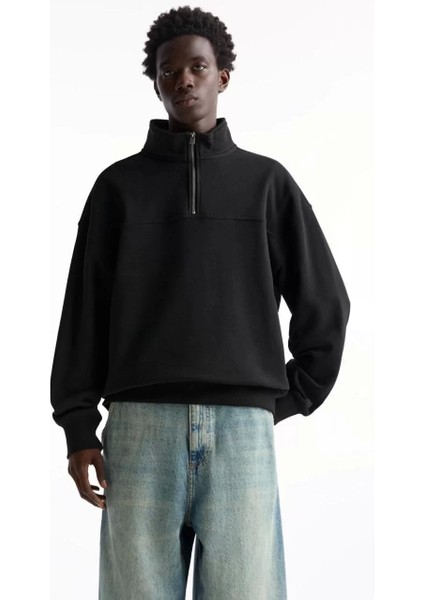 Oversize Yarım Farmuarlı Yakalı Basic Sweatshirt - Siyah