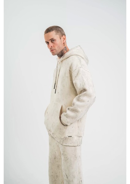 Double Oversize Kapşonlu Yıkamalı Sweatshirt - Krem